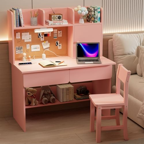 RUPOLX Wooden Pink Kids Study Desk and Chair Set with Light, Charging Station and 2 Drawers, Children Desk with 3 Open Hutch and Shelves, Girls Study Desk for Kids Bedroom-001