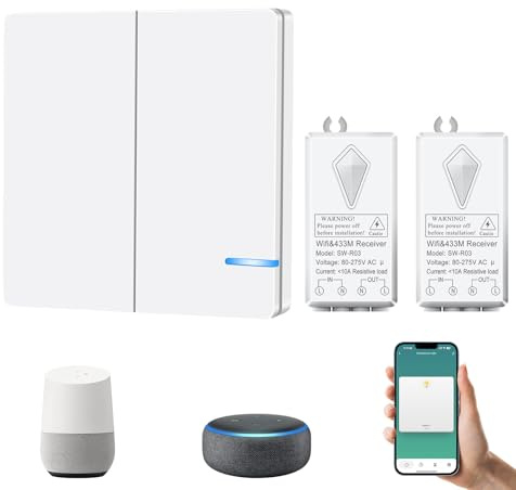 Nineleaf Smart Wifi Lichtschalter, Wand Smart Schalter, Fernbedienung für Lampen und Geräte, kabelloser 2 Wege Wandschalter mit 2 Empfängern, kompatibel mit Alexa, Google Home, Zeitsteuerungsfunktion