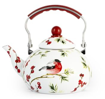 H&H, Bollitore Red Melody in Smalto Decorato con Pettirossi e Bacche Rosse – Capacità 2,5 Litri, Adatto a Tutti i Piani Cottura Inclusi Induzione