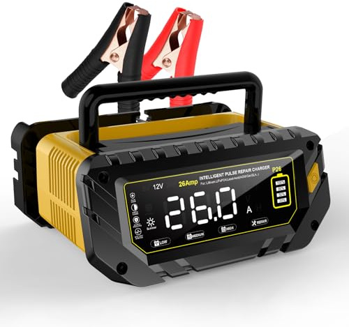 Autobatterie Ladegerät 26A/6V/12V/24V Intelligentes automatische Erhaltungsladung und Desulfator mit Überladeschutz und Temperaturkompensation – für Blei-Säure (Nass, Gel, AGM) und Lithium (LiFePO4)