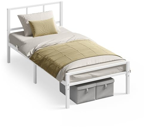 VASAGLE Cadre de Lit 90 x 190 cm avec Sommier, Tête de Lit, en Métal, Supporte Jusqu'à 250 kg, Montage Facile, pour Chambre, Blanc Mat RMB291W101