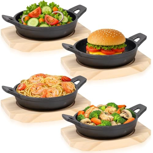 XJGQZ 4 Pack Cast Iron Fajita Skillet Set, Matte Black, Round, 12.5cm | Sizzling Pan with Wooden Base; Ramekin Cookware Set for Cooking Grilling Serving Preparing Dinner
