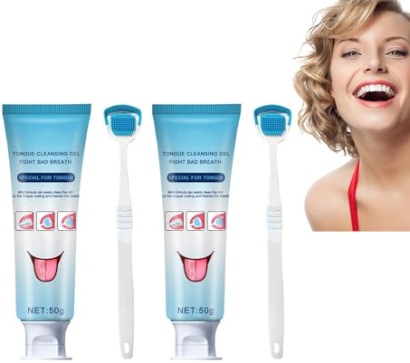 Zungenreinigungsgel-Set, Zungenreiniger und Gel mit Doppelwirkung, Minzfrisches Mundpflege-Set für die Tiefenreinigung, sorgt für frischen Atem – Reinigungsset mit frischem Minzduft (2 STÜCKE)