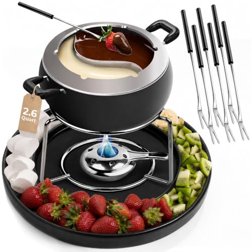 Fondue & Co - Juego de ollas para fondue de 2.8 cuartos de galón, olla doble para fondue de queso y chocolate con bandeja divisora, 6 tenedores codificados por colores, kit listo para regalo para la