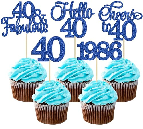 Gyufise 30Pcs 40th Birthday Cupcake Toppers 40 Fabulous Cupcake Picks Cheers to 40 1986 Cake Decorations for Happy 40th Birthday Wedding Anniversary Party Decoration Supplies Blue