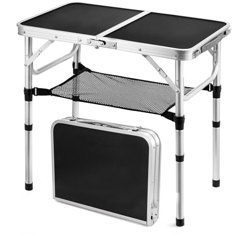 ARATERVIO Klappbarer Campingtisch Aluminium – Höhenverstellbarer & Leichter FaltTisch mit Netzschicht & S-Haken, Stabiler Outdoor Tisch für Picknick, Angeln, Garten (Schwarz)