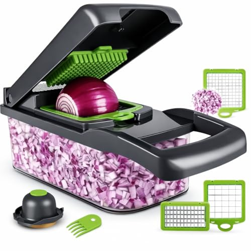 Coupe-Légumes et Mandoline Multifonctions 16-en-1 – Trancheur et Découpe-Cube Manuel – Oignons, Carottes, Concombres, Pommes de Terre, Frites – Râpe à Légumes et Fromage – Accessoire de Cuisine