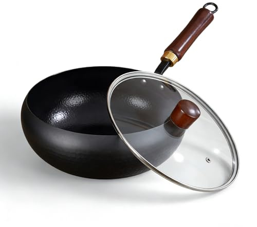 Uncoated Thick Iron Pot - Artisan Unenameled Cast Iron Casserole, Non-Stick Japanese Iron Pan with Lid without Coating Durable and Rust-Free for Kitchen Cooking Frying (Hammered Glass Lid,30cm/12'')