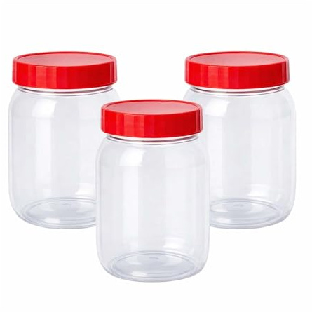 PEBBLE HUG Plastic Storage Jars With Red Lids, Effortless Cleaning, Easy Scooping, Leak-Resistant, Long-Lasting Freshness, Crystal-Clear, Multipurpose Utility for Kitchen, Office, (500ml (Pack of 3))