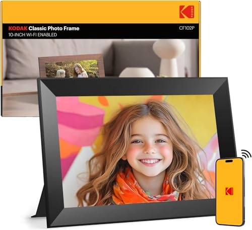 Kodak Digitaler Bilderrahmen WLAN 10.1 Zoll, HD IPS-Touchscreen Elektronischer Bilderrahmen mit 32 GB Speicher, Automatische Bilderdrehung, Teilen von Fotos oder Videos überall über App, Schwarz