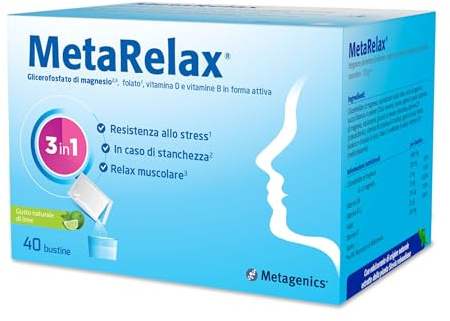 Metagenics MetaRelax - Magnesio e Vitamine B - 40 Bustine | Integratore in bustine per contrastare stress e affaticamento con magnesio glicerofosfato, taurina e vitamine B. Gusto lime.