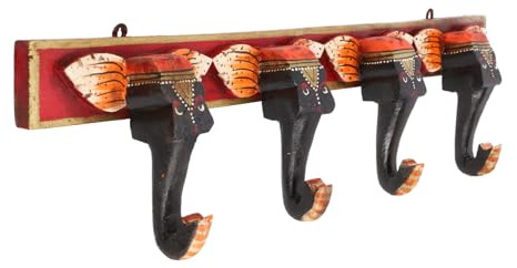 GURU SHOP Langer Wandhaken Elefant aus Holz, Hakenleiste, Garderobe, Rot, 15x60x5 cm
