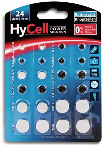 HyCell 24x Knopfzellen-Sparset/Je 2X CR2032 CR2025 CR2016 CR1620 LR41 LR43 LR44 LR626 LR621 LR754 LR1120 LR1130 / Ideal für Autoschlüssel TAN-Gerät Kinderspielzeug Uhren etc.