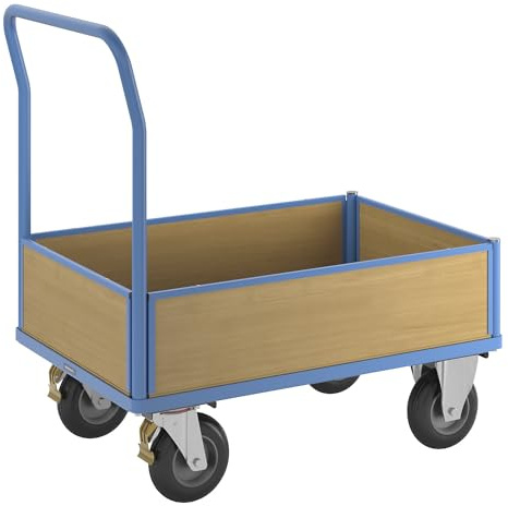 eurokraft pro | Plattformwagen mit Holzwänden | Mit 4 halbhohen Wänden, LxB 1050 x 700 mm, Luftreifen