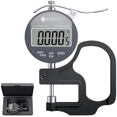 Neoteck Digital Thickness Gauge 0.5inch/12.7mm,0.0005inch/0.01mm LCD Display with Inch/MM Conversion One-Hand Quick Press Thickness Measuring Tool for Leather Paper Fabric Film etc.-Silver-Grey