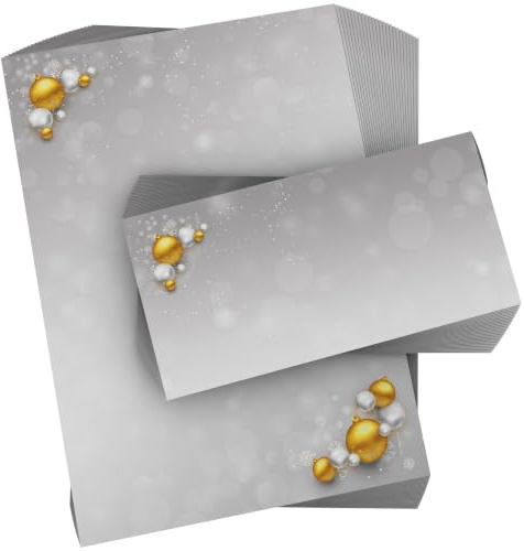 Weihnachtsbriefpapier Set | Weihnachtskugeln Gold und Silber | 50 Blatt Motivpapier A4 | 50 Briefumschläge OHNE FENSTER im DIN LANG-Format | Briefpapier Set
