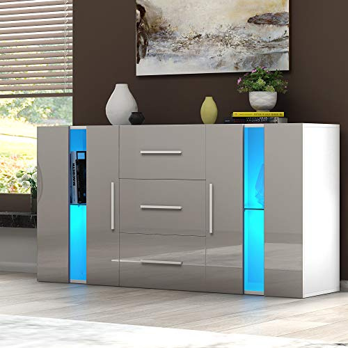 Panana 2 Door & 3 Drawer Modern RGB Lights Sideboard Cabinet, Matt & High Gloss Cupboard Unit Livingroom (Grey)