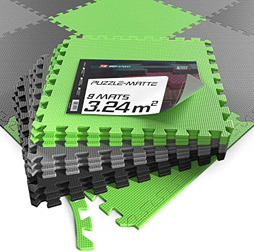 Hop-Sport Puzzlematte 9er Set - Unterlegmatte für Fitnessgeräte als rutschfester Bodenschutz - Größe 60 x 60 x 1 cm (Schwarz/Grau/Grün)