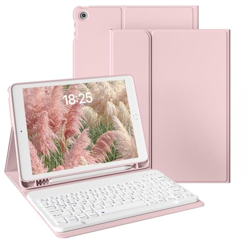 zoyu Case with Keyboard for iPad 9th/8th/7th Generation (2021/2020/2019) | Magnetically Detachable Wireless Keyboard, Slim Stand Cover with Pencil Holder, Soft TPU Back for iPad 10.2 Inch, Pink