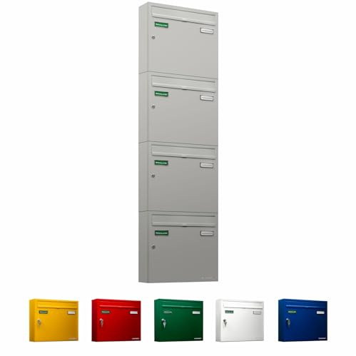 AL Briefkastensysteme Basic 4er Briefkasten RAL 9006 Weiß Aluminium Silber Edelstahl-farbig 4 Fach DIN A4 wetterfest Briefkastenanlage mit Posthaltebügel und 2 Namensschildern