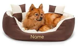 lionto Lit pour Chien 4-en-1 avec Coussin réversible, 65x50 cm, Coussin pour Animaux de Compagnie de Toutes Tailles résistant aux griffures avec entrée Basse, Marron/Beige (avec nom imprimé)