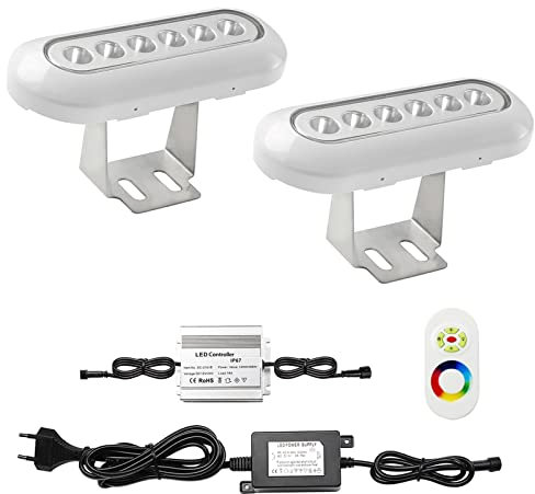 CHNXU 2er Set LED Unterwasserlicht RGB Poolbeleuchtung 380LM 6-18W Unterwasserleuchte, IP68 Wasserdicht LED Unterwasserbeleuchtung Pool Lichter mit 12V Netzteil für Aquarium Brunnen Teich Swimmingpool