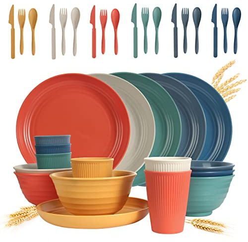 Wheat Straw Dinnerware Sets 36 Piece Unbreakable Dinnerware Sets, Reusable Wheat Straw Plates and Bowls Sets, Travel Camping Cutlery Set, Dishwasher Microwave Safe Dinnerware Colourful