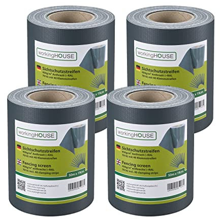workingHOUSE 4 x 50 m PVC Sichtschutzstreifen für Doppelstabmatten 450g/m² (Sichschutz Zaun) - Wetterfest, Wartungsfrei, Leichte Montage - inkl. 40 Clips/Klemmstreifen (Anthrazit)