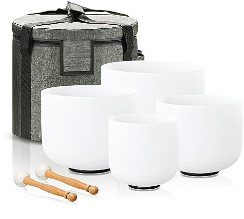 Lycrystal Klangschalen-Set mit 4 Stück, 15,2 cm, A-Note, 20,3 cm, F-Note 25,4 cm, G-Note 30,5 cm, C-Note, mattierte Chakra-Quarz-Kristall-Klangschalen mit Tragetasche. | Chakra-Quarzschale, mattiert, Klangheilung, Meditation, Achtsamkeit, Entspannung, inklusive Tasche und Gummischlägel