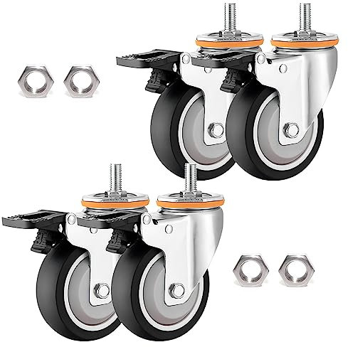 ESOYAWE 4 Stück Ø 63 75 100 125 Mm Leise TPR Gummi Lenkrolle, Mit Bremse M10 M12 Gewinde Vorbau Lenkrollen, 360 Grad Drehbar Ersatzrollen Für Trolleys, Möbel, Transport, Werkbank