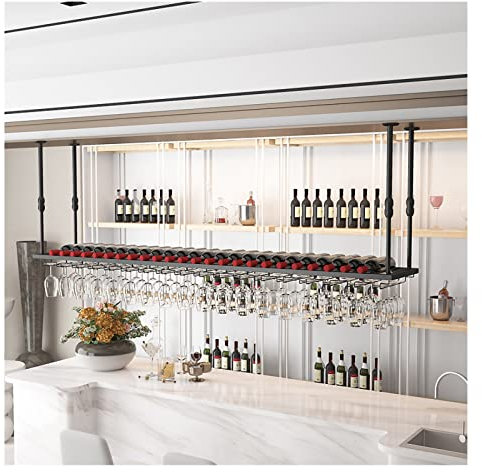 EYLINK Einlagiges hängendes Weinregal mit Stielglashalter, höhenverstellbares Flaschenregal aus Metall an der Decke, schwarzer Display-Weinaufbewahrungshalter für Küche, Bar (Farbe: Schwarz, Größe:
