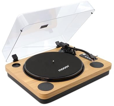 MOOOV 477361 Platine Vinyle Bluetooth avec Couvercle de Protection, Haut-parleurs Intégrés, Tourne Disque avec Enregistrement USB, Compatible 33/45/78 Tours, Sortie RCA, Effet Bois