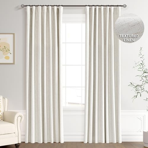 Joywell 100% Blackout Linen Curtains 96 Inches Long for Bedroom Natural Black Out Curtain 8 FT Hook Belt Room Darkening Drapes for Living Room Sliding Door Window Cream Ivory 2 Panel,52 x 96