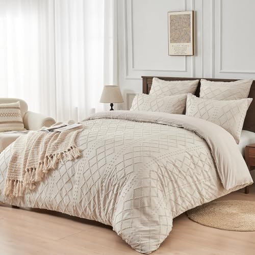 YASMENG Parure de lit Boho 135 x 200 cm, beige, touffetée, géométrique, à carreaux, style bohème, esthétique, moderne en microfibre douce, avec housse de couette et taie d'oreiller de 80 x 80 cm, avec