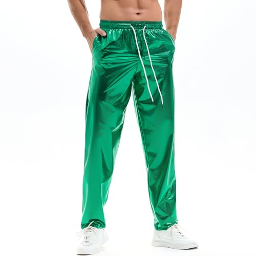 Amy Coulee Herren Glänzend Metallic Hosen Nachtclub Disco Hose Party Glitzer Pants (Grün, L)