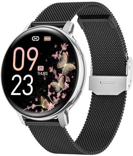 NAIXUES Smartwatch Damen mit Telefonfunktion, 1,39 Touchscreen Fitnessuhr 120+ Sportmodi Menstruationszyklus Pulsuhr SpO2 Schlafmonitor, Schrittzähler Fitness Tracker für iOS Android Schwarz Silber