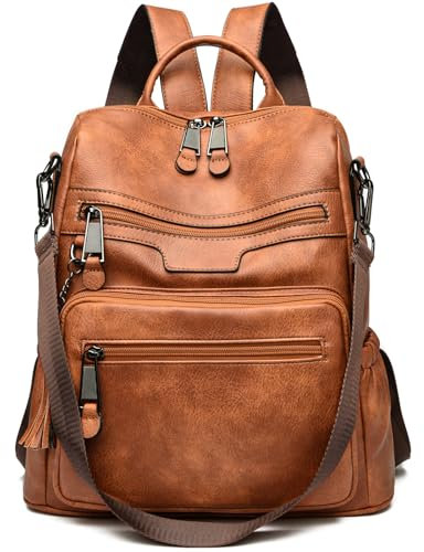 Monitika Damen Rucksack Wasserdicht PU Leder Schultertaschen Modische Lässig Rucksäcke Braun