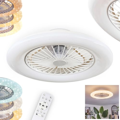 LED Deckenventilator Benasal, Ventilator aus Kunststoff in Weiß/Glitzereffekt, moderne Deckenleuchte, Ø 50 cm, mit Fernbedienung, Kelvin einstellbar mit CCT, 40 Watt, 1700 Lumen, 3000-6500 Kelvin