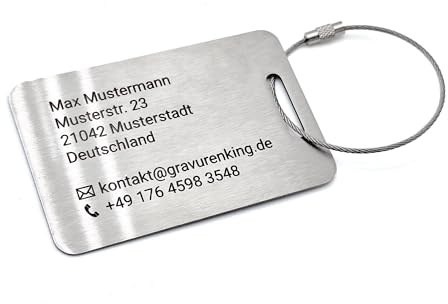 GravurenKing Kofferanhänger aus Edelstahl in Visitenkartenformat - mit individueller Lasergravur und Drahtseil - Gepäckanhänger mit persönlicher Gravur