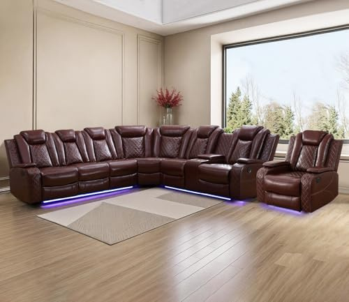 Caberryne Power Recliner Sofa Sectional Couches with LED Light,Leather Reclining Corner Sectional Sofa Set with 3 Recliner Seats,Cup Holder,Storage Console for Living Room,Wine