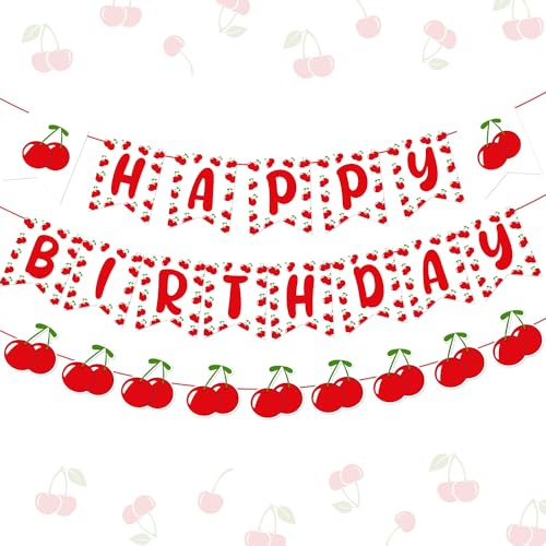 Decoraciones de cumpleaños de cereza, guirnalda de cerezas con temática de frutas dulces rojas y blancas, decoración de cumpleaños para niñas, 1, 2, 3, 10, 11, 12, suministros de fiesta de cumpleaños
