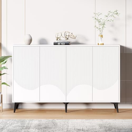 Merax Sideboard Breite 160cm, Moderne Kommode mit 4 Türen, Mehrzweckschrank mit Verstellbare Ablage, einfacher Stil, Buffetschrank mit viel Stauraum für Wohnzimmer, Esszimmer, Flur, Metallbeine, Weiß
