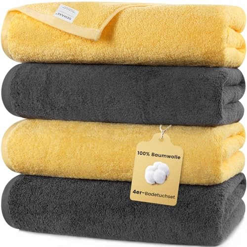 4-Pack Cotton Bath Towels with Hanging Loop, 55 x 27 Inch, Yellow & Gray