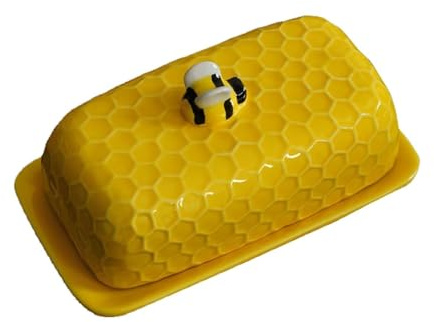NexaGeniX beurrier Beurrier Jaune en Forme de nid d'abeille Grand beurrier en céramique avec Couvercle Plat à dim sum avec Couvercle
