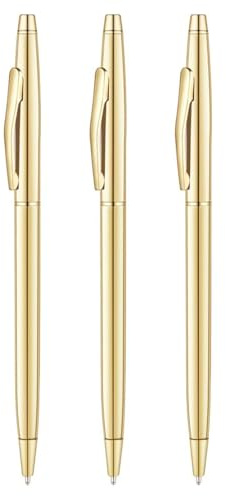 3 Stück Kugelschreiber Gold Metall, Schlanke Druckkugelschreiber mit Schwarzer Tinte, Geschenkstift für Hochzeit, Business, Büro, Einweihung, Kugelschreiber Hochzeit Gold für Männer und Frauen