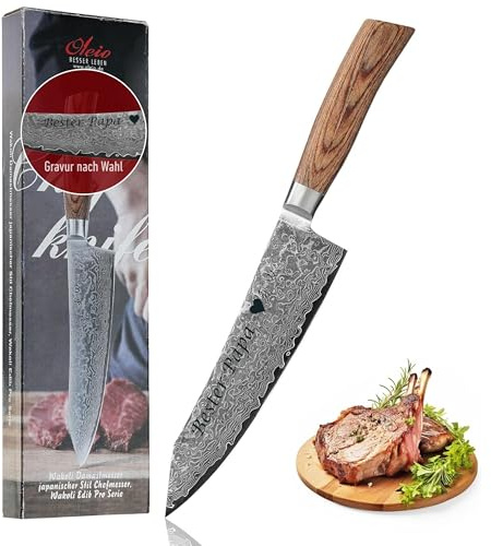 Wakoli EDIB Pro Damast Kiritsuke Chefmesser mit Gravur – Personalisiertes Messer, 20 cm Klinge aus 67 Lagen Damaststahl (VG10-Kern), ergonomischer Pakkaholzgriff – Profi Küchenmesser in Geschenkbox