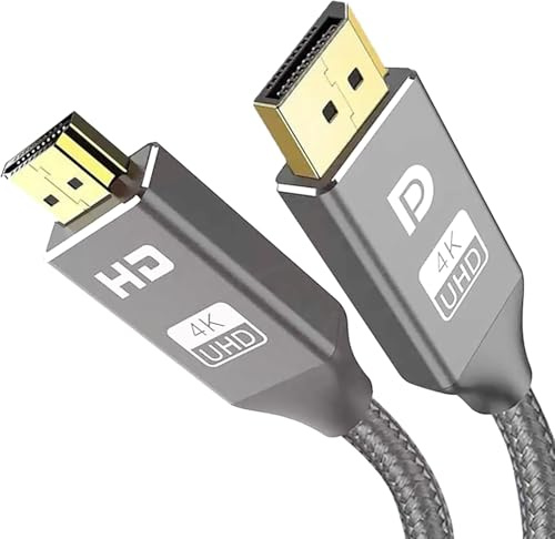 KabelDirekt – Adaptador de cable 4K DisplayPort 1.4 a HDMI 2.1, con conectores metálicos y trenzado – 2x 2m (4K/60Hz de la computadora portátil/PC DP a la TV – DP a HDMI, unidireccional – Gris)