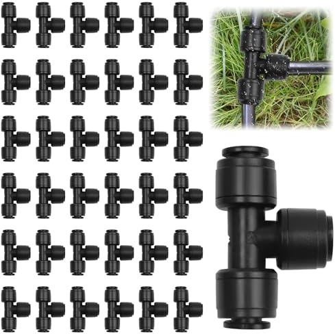 36PCS Quick Connect 1/4 Drip Irrigation Tee Connectors with 4Pcs Plugs, Universal Tee Fitting for 1/4 Inch Irrigation Tubing, Leak Free Fittings for Drip Irrigation System