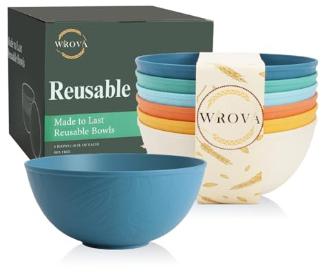 Wrova Plastic Bowls Set of 6 - Reusable Serving Bowls 1180 ml, Anit-Scald Thick Kitchen Bowl Microwave and Dishwasher Safe Bowl Sets, Unbreakable Deep Bowl Sets for Picnic, Camping, RV - Multicolors