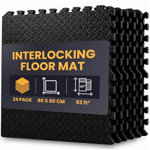 NOVECRAFTO Interlocking Floor Mats, 24 Pack (8.64m²) – 60 X 60cm Soft Non-Slip Water-Resistant Foam Tiles, 10mm Thick – Gym Flooring for Garage, Home Workout, Playroom